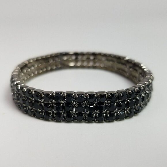 Vintage Sparkly Black Rhinestone Three Row Stretch Bangle Bracelet, Estate - Picture 7 of 7